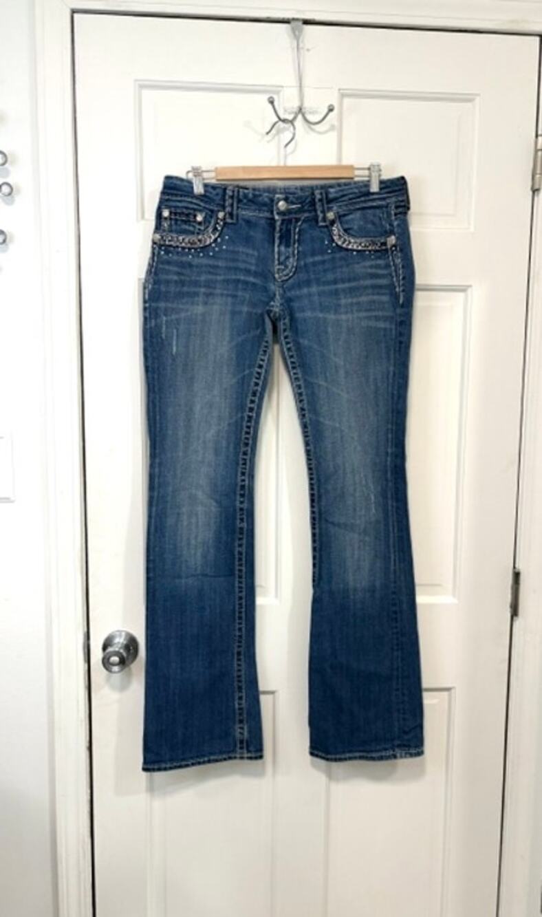 Miss Me Jeans Size 30x35 Low Rise Bootcut Blue Denim Rhinestone Flap Pockets‎